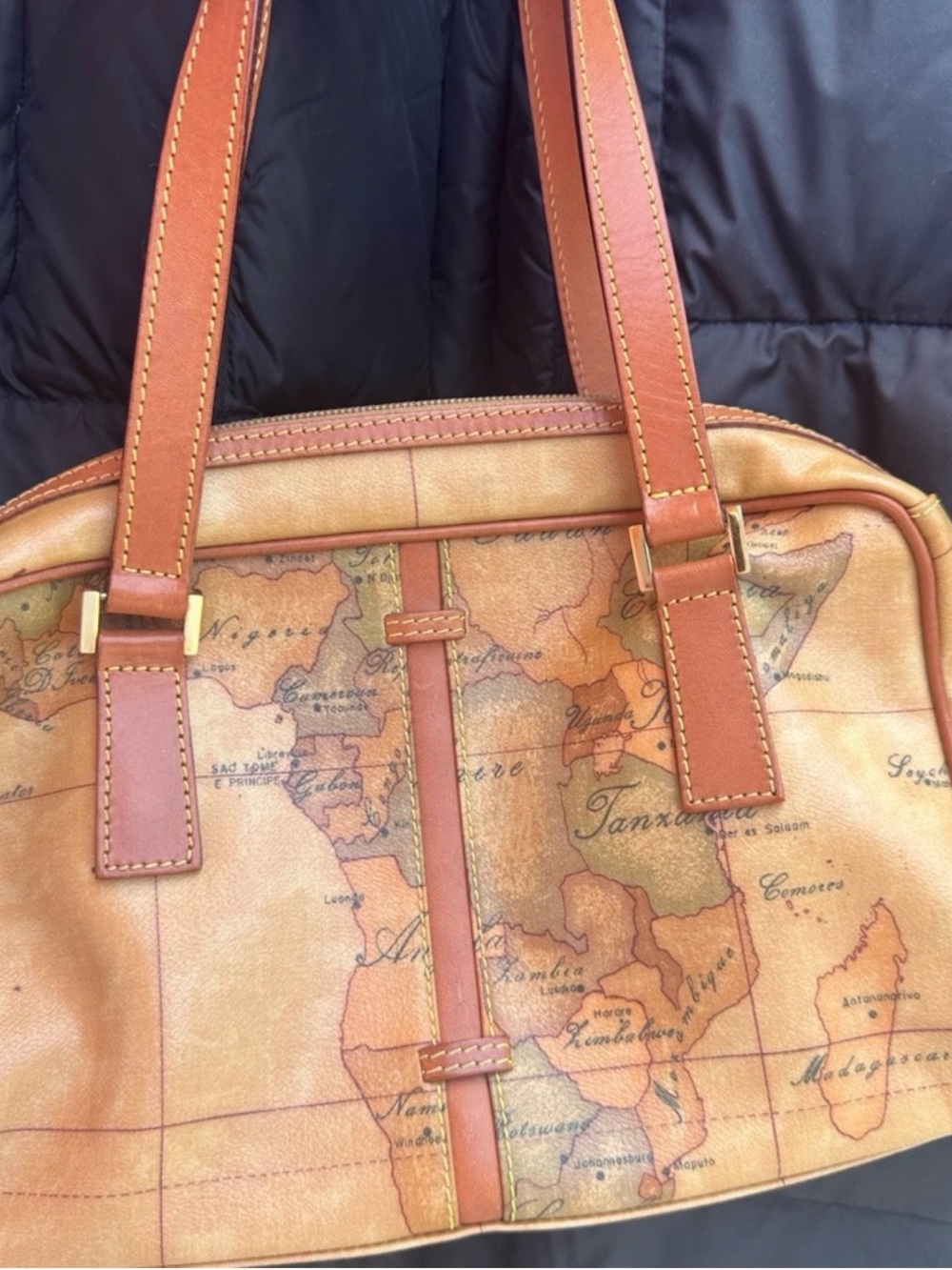 Leather Map-Print Tote Bag in Tan and Brown